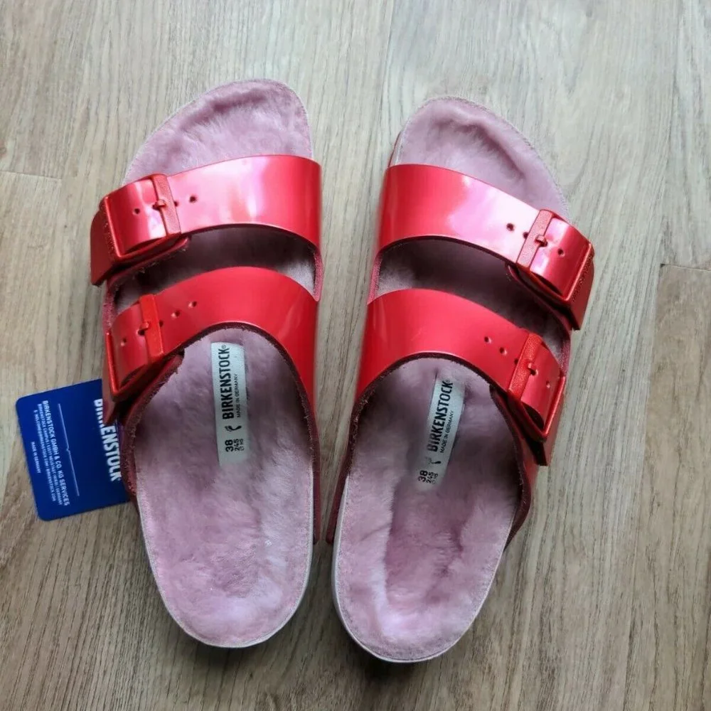 Birkenstock Dark Pink-Red Arizona Sandals with Light Pink Shearling Footbed - Picture 2 of 14